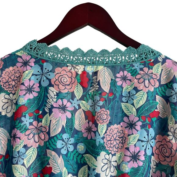Matilda Jane Women Catalina Floral Babydoll‎ Top L Teal Cottagecore Y2K Boho - Picture 5 of 14
